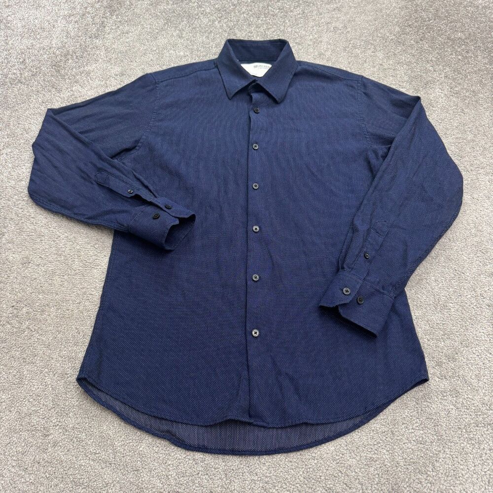 Selected Homme Slim Fit Dress Shirt Men Medium 15.5 Navy Blue Micro Dot Textured